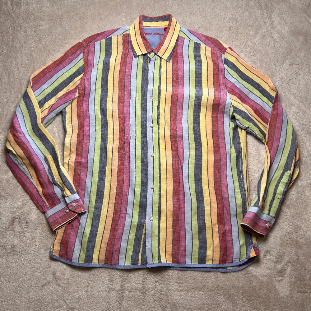 Vtg Report Collection Shirt Mens L‎ Striped 100% Linen Long Sleeve Preppy Casual